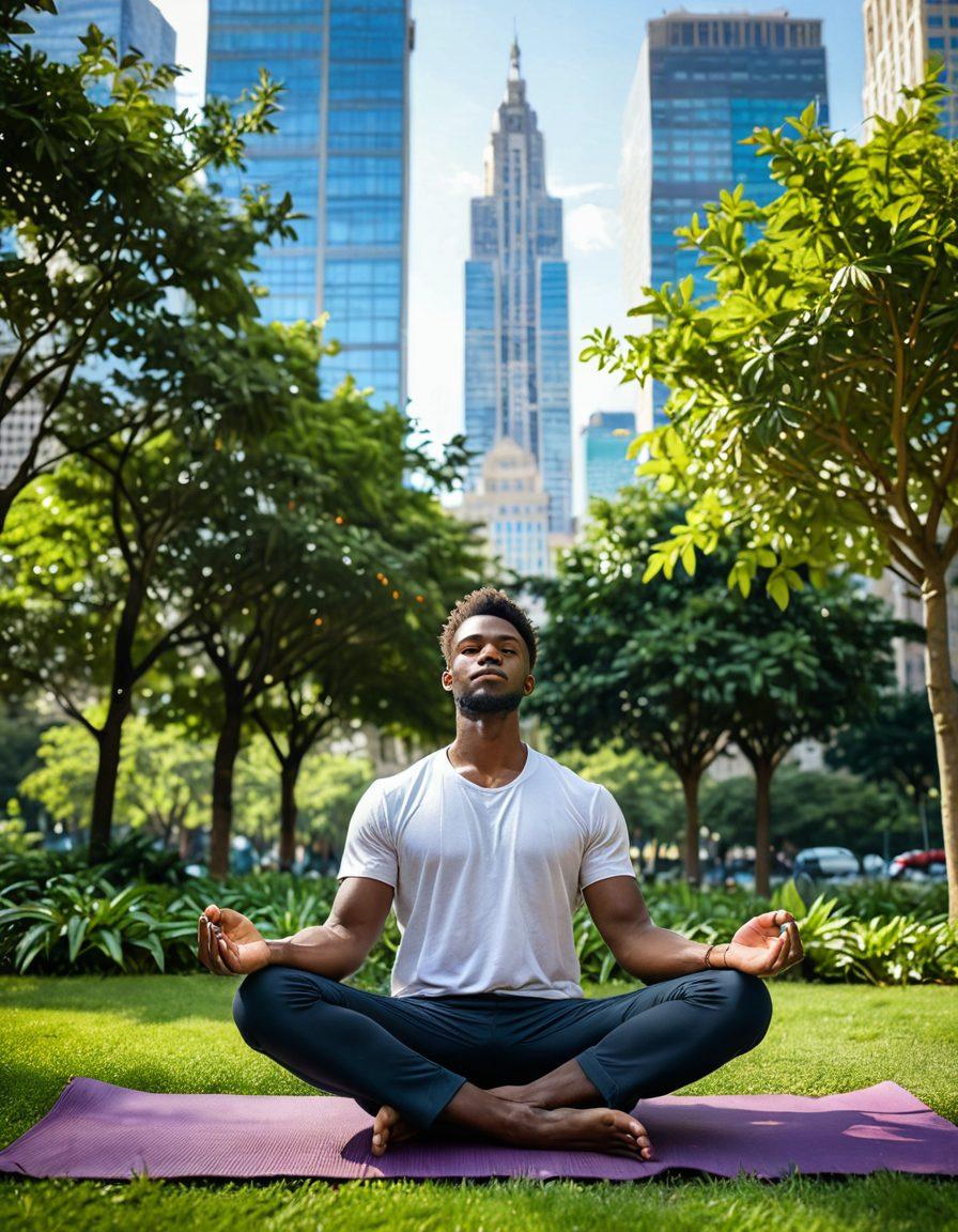 A serene man meditating in a modern urban park, surrounded by nature and tall buildings, symbolizing balance between wellness and masculinity. Include elements like a yoga mat, plants, and soft sunlight filtering through the trees. The man should exude calmness and confidence. super-realistic. vibrant colors. 3D.