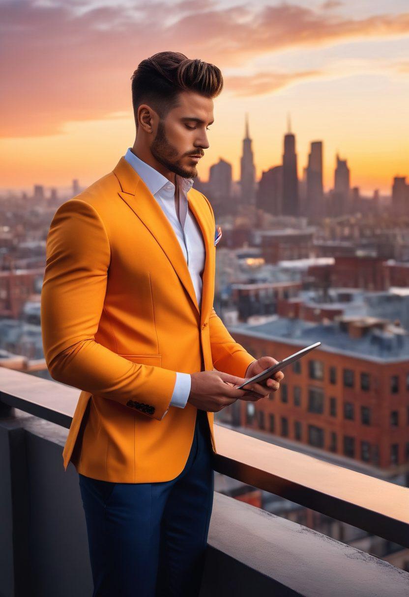 A confident man in stylish, modern attire, standing on a rooftop overlooking a vibrant city skyline at sunset. He is holding a sleek tablet showcasing lifestyle tips and trends, with motivational quotes floating around him. Surround him with subtle symbols of masculinity such as weights and tailored suits. Incorporate elements of elegance and adventure to represent modern masculinity. super-realistic. vibrant colors. urban backdrop.